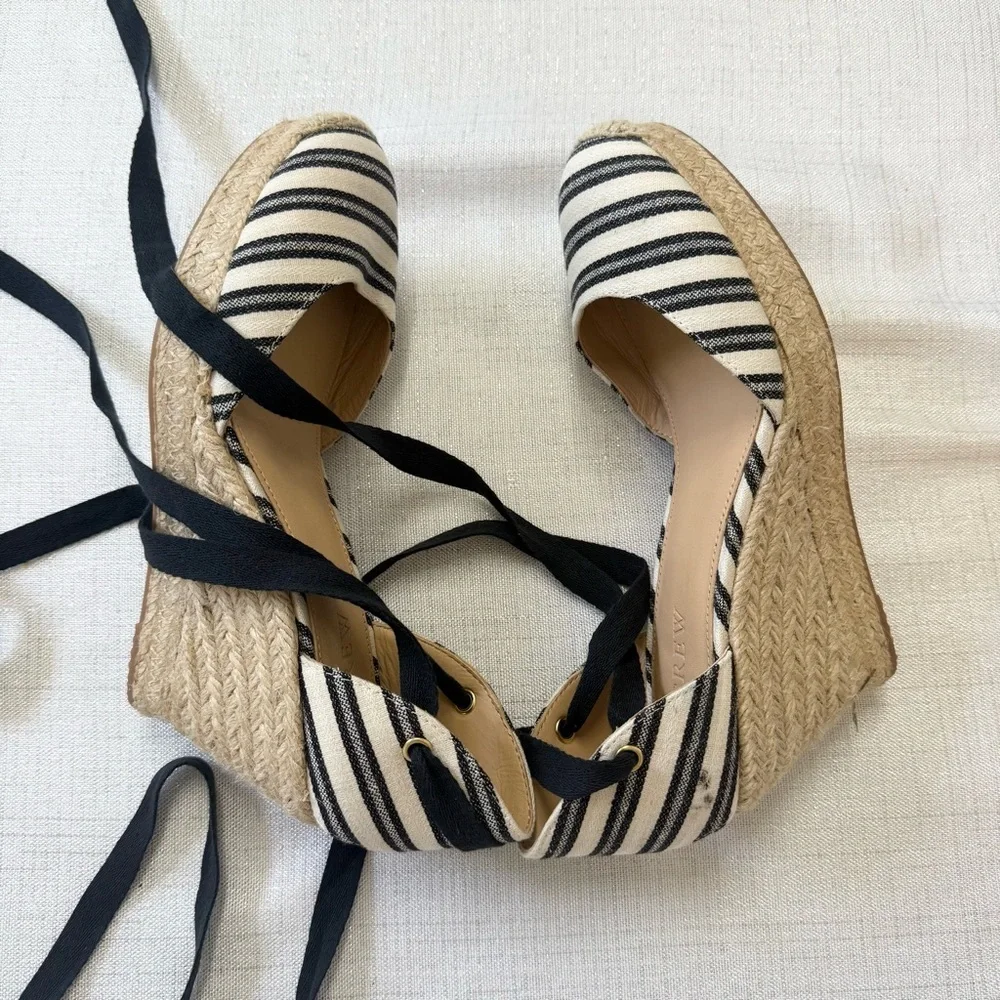 New J. Crew Size 6.5 Espadrille Wedges Ankle Wrap Black Cream Stripe Shoes